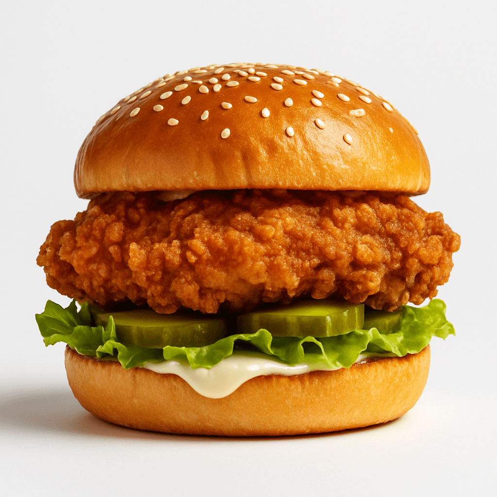 Brave's crispy golden fried chicken burger stacked with fresh lettuce and signature sauce