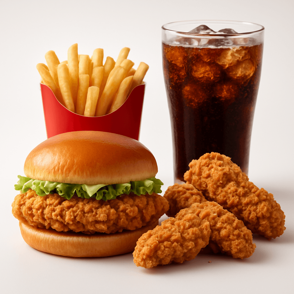 Brave's combo meal with fried chicken, golden fries, and a drink