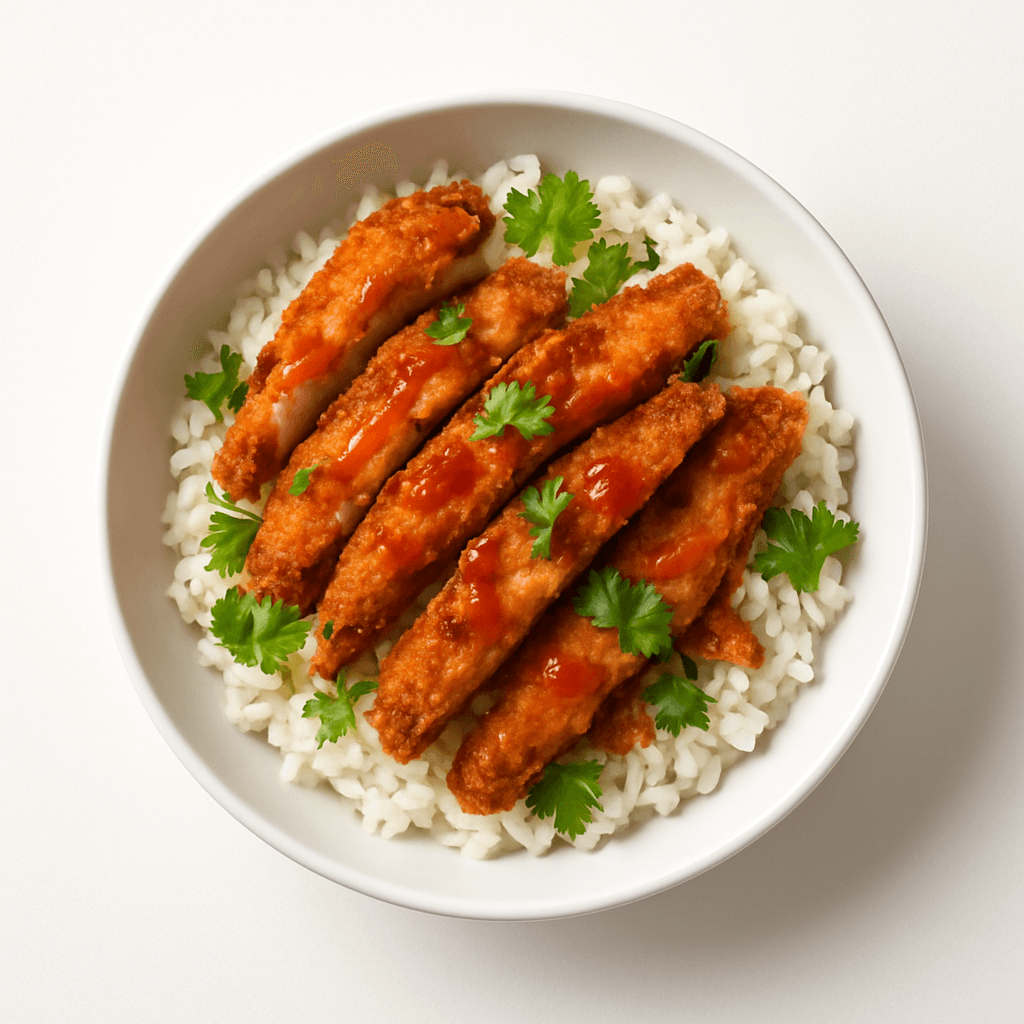 Brave's loaded chicken rice bowl topped with gravy and fresh garnish